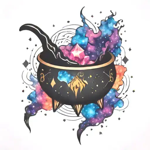 colorful cosmic space galaxy crystals blank witch cauldron simple tattoo design idea