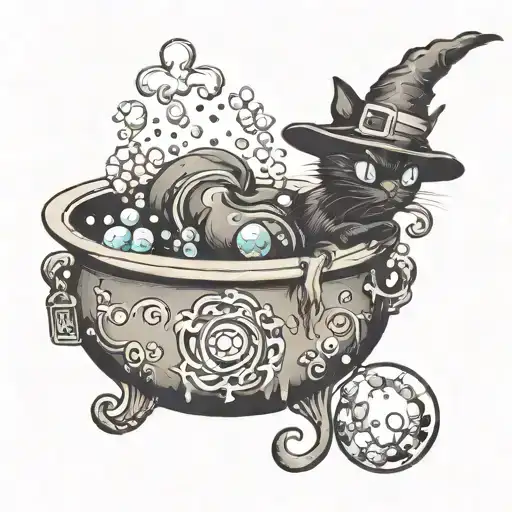 witch cauldron with bubbles black cat girly tattoo tattoo design idea