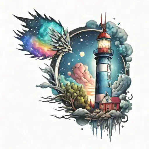 cosmic colorful night sky lighthouse spikes tattoo design idea