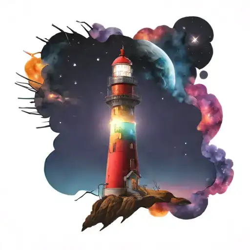cosmic colorful night sky lighthouse spikes tattoo design idea