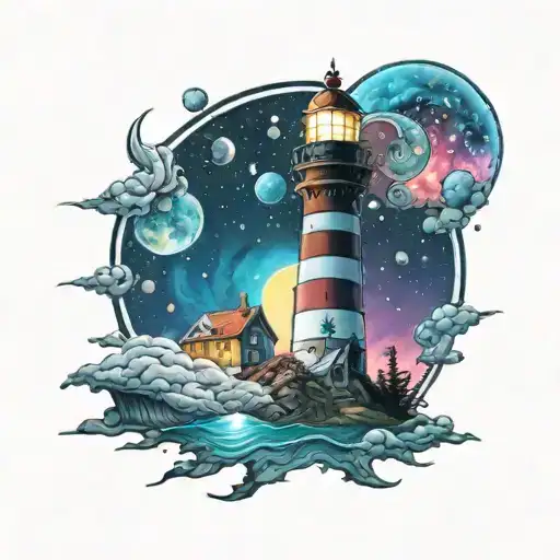 cosmic colorful night sky lighthouse spikes tattoo design idea