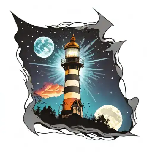 cosmic colorful night sky lighthouse spikes tattoo design idea