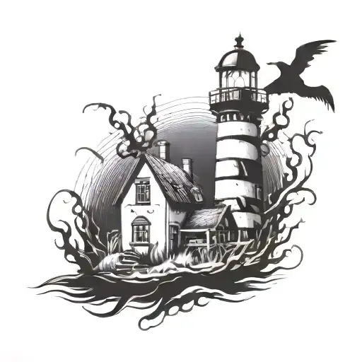 dark spook Erie creepy lighthouse spikes tattoo design idea