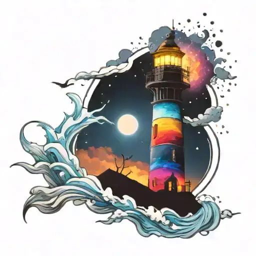 cosmic colorful night sky lighthouse spikes tattoo design idea