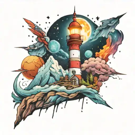 cosmic colorful night sky lighthouse spikes tattoo design idea