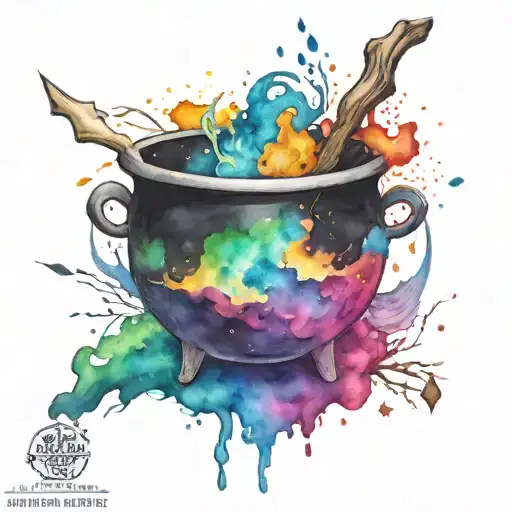 colorfull  cosmic space galaxy overflowing witch cauldron tattoo design idea