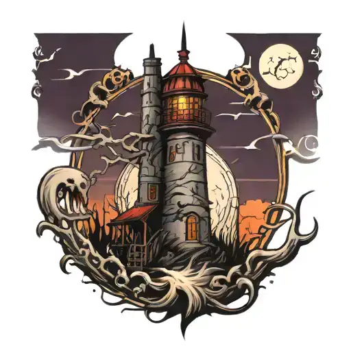 dark spook Erie creepy lighthouse spikes chaos tattoo design idea