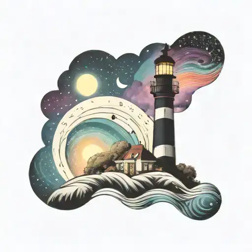 cosmic colorful night sky lighthouse spikes tattoo design idea