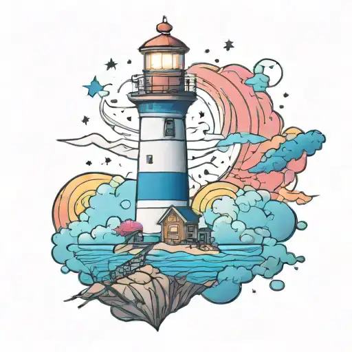 cosmic colorful night sky lighthouse spikes tattoo design idea