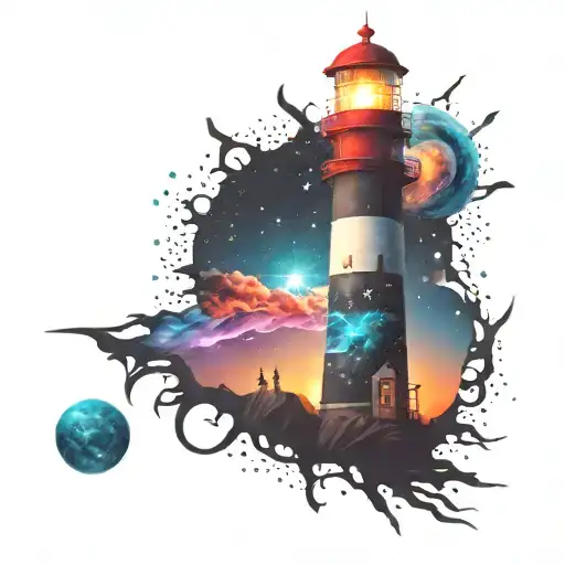 cosmic colorful night sky lighthouse spikes tattoo design idea