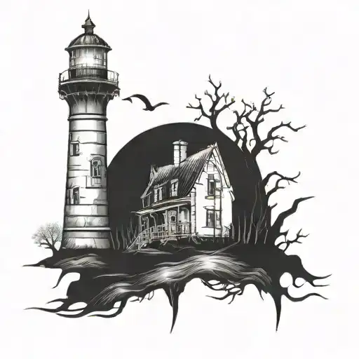 dark spook Erie creepy lighthouse spikes chaos  tattoo design idea