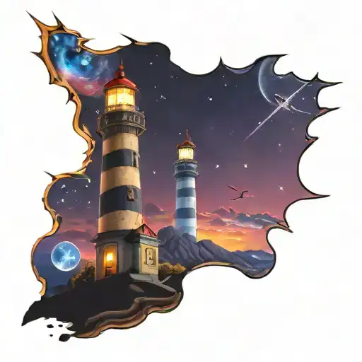 cosmic colorful night sky lighthouse spikes tattoo design idea