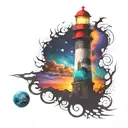 cosmic colorful night sky lighthouse spikes tattoo design idea