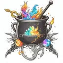 colorful cosmic space galaxy crystals witch cauldron tattoo design idea