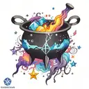 colorful cosmic space galaxy crystals witch cauldron tattoo design idea