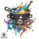 colorful cosmic space galaxy crystals witch cauldron tattoo design idea