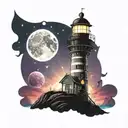 cosmic colorful night sky lighthouse spikes tattoo design idea