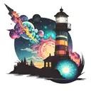 cosmic colorful night sky lighthouse spikes tattoo design idea