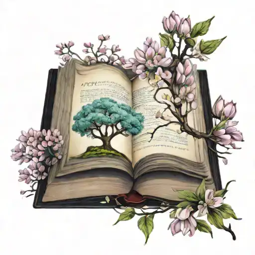open book, tree growing, spring blossoms, romance, tattoo design idea