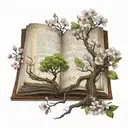 open book, tree growing, spring blossoms, romance, tattoo design idea