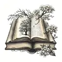 open book, tree growing, spring blossoms, romance, tattoo design idea