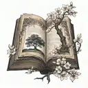 open book, tree growing, spring blossoms, romance, tattoo design idea