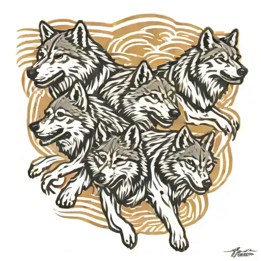 A tattoo design of a wolf pack running together, symbolizing strength, loyalty, and unity in the face of challenges, with a subtle nod to your military background tattoo design idea