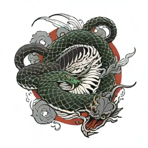 snake that disintegrates into a snake skeleton with a dragon and coy carps tattoo design idea