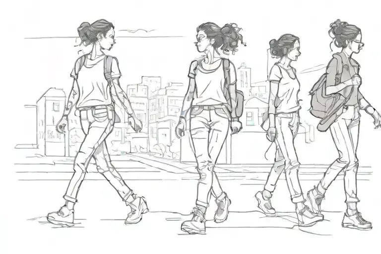 Left to right Line drawing of woman (Latina silhouette,  fully body, hair up in messy bun) walking major cities, jeans tattoo design idea