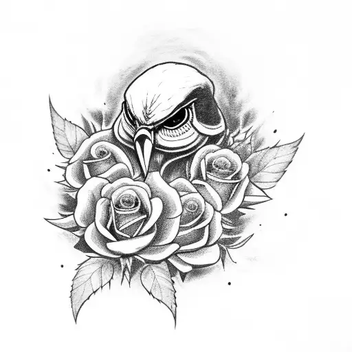 evil crow with roses tattoo design idea