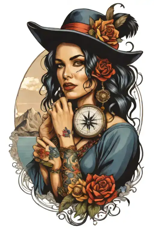 gypsy with nautical compass, and mountains in background tattoo design idea
