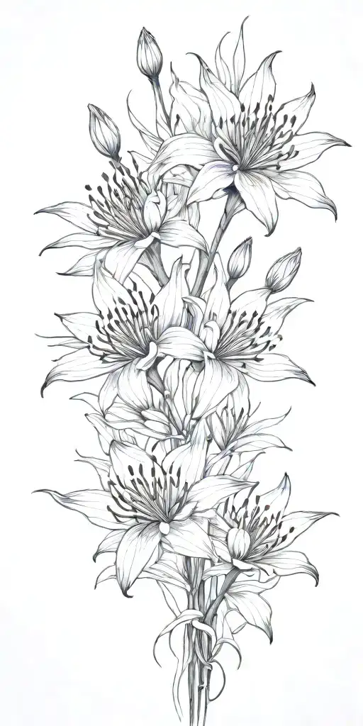 spider lily flowers blooming with red lotus flower. with space between flowers. also add a theme of rebirth tattoo design idea