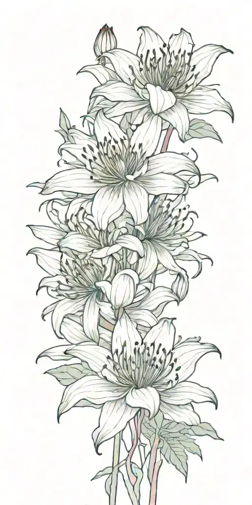 spider lily flowers blooming with red lotus flower. with space between flowers. also add a theme of rebirth tattoo design idea