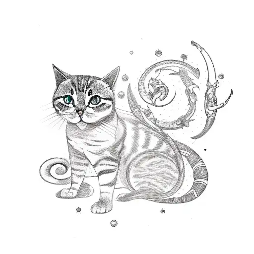 A sketch-style tattoo depicting a graceful cat surrounded by zodiac symbols and a scorpion tail tattoo design idea