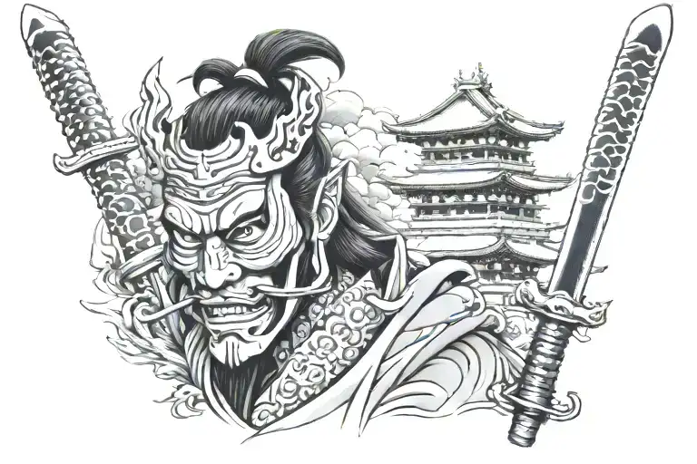 japanese samurai with a skull for a face, temple in the background and a dragon wrapped through the image tattoo design idea