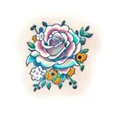 A TV remote control surrounded by a bouquet of flowers tattoo design idea