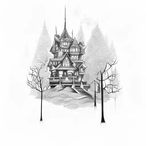 An intricate design of a haunted house with creepy trees and ghostly figures tattoo design idea
