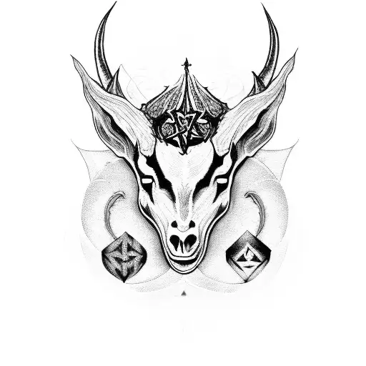 A black metal-inspired tattoo featuring a sinister goat's head surrounded by occult symbols and intricate geometric patterns. tattoo design idea