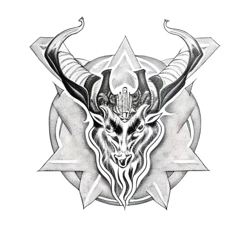 A black metal-inspired tattoo featuring a sinister goat's head surrounded by occult symbols and intricate geometric patterns. tattoo design idea