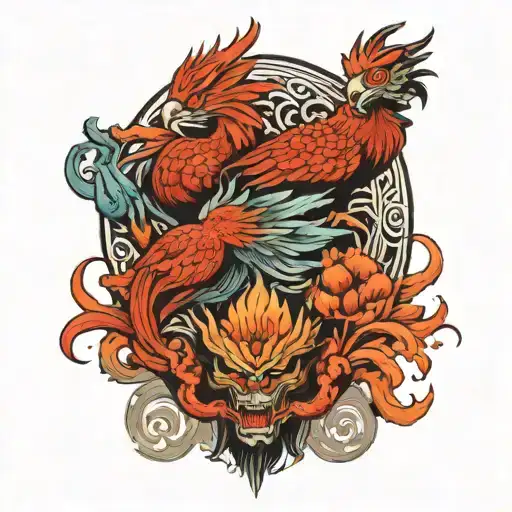 japanese phoenix uprising and 3 masks tbroughout  tattoo design idea