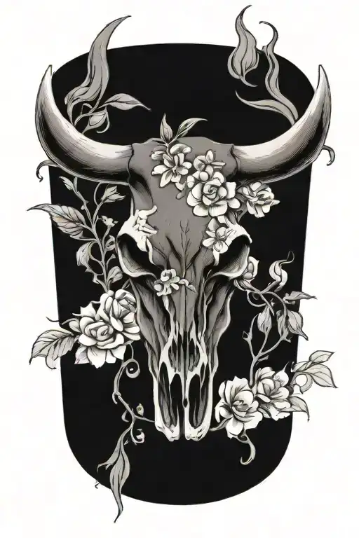 floral cow skull leaped print surrounded tattoo design idea