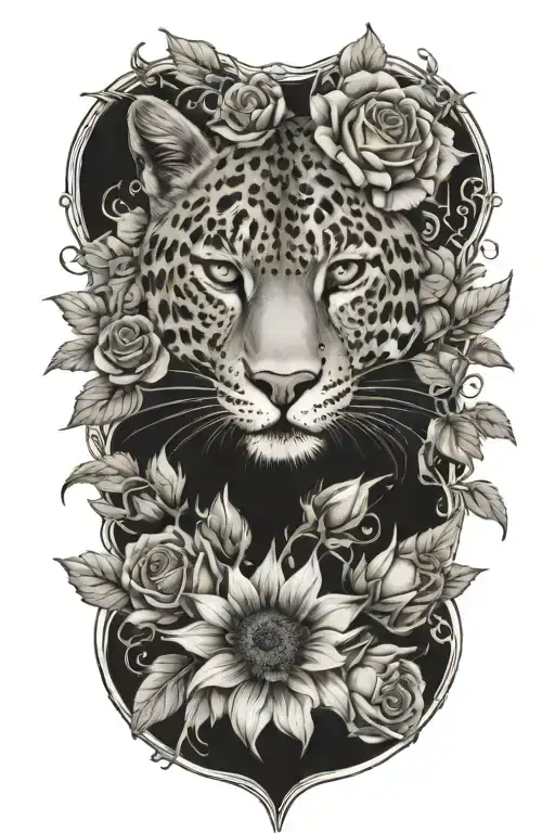sunflowers roses vines leopard surrounded  tattoo design idea