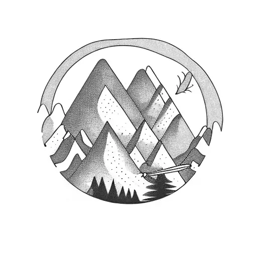 A drum set surrounded by a mountain landscape tattoo design idea