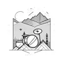 A drum set surrounded by a mountain landscape tattoo design idea