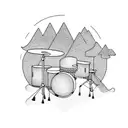 A drum set surrounded by a mountain landscape tattoo design idea