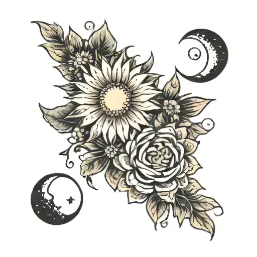 aster flower with sun and moon in the middle  tattoo design idea