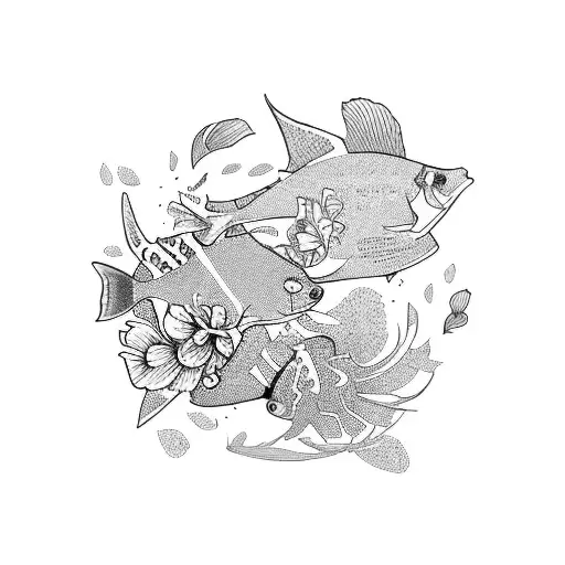 A school of colorful tropical fishes swimming among vibrant blooming flowers with 2000 tattoo design idea