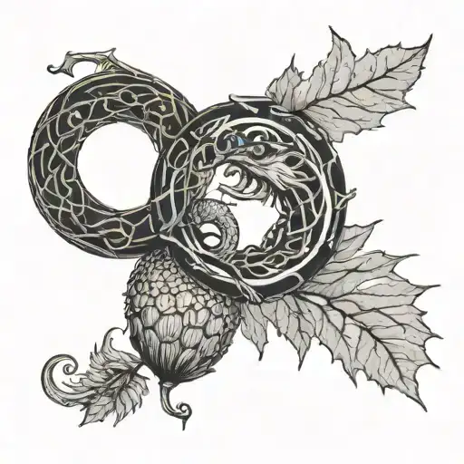 ouroboros and acorn leaf tattoo design idea