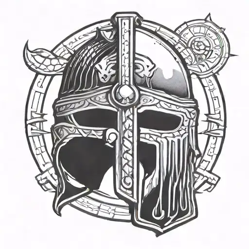 A combination of a spartan warrior's helmet and a pair of boxing gloves, symbolizing strength and determination in a blackwork style tattoo design idea