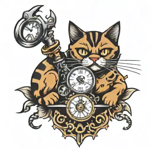 Timepiece and Angry cat holding trophies tattoo design idea